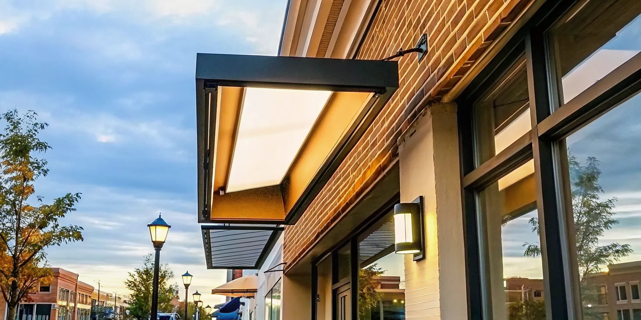 Blade sign projecting into the pedestrian sightline outside a storefront