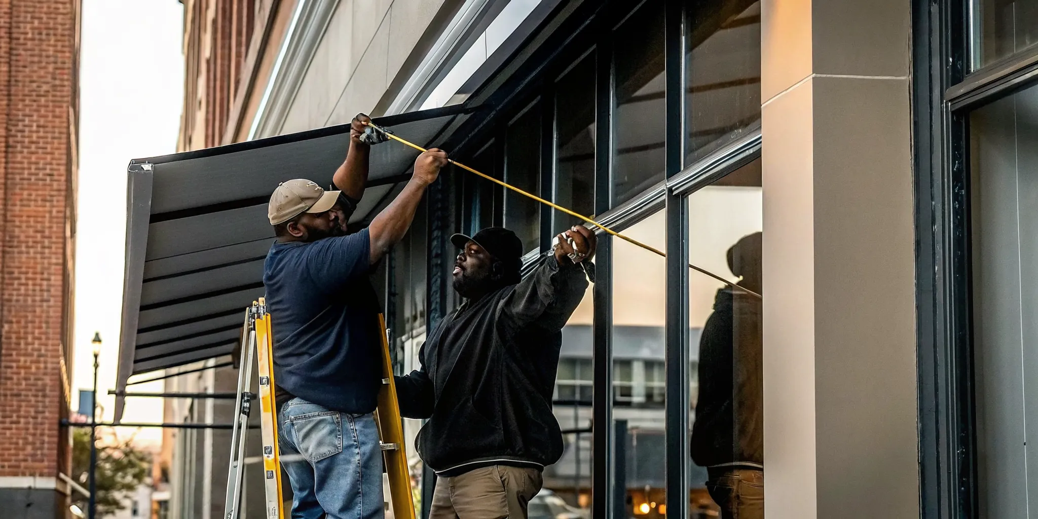 Crew measuring storefront clearance while planning a commercial awning permit on Long Island