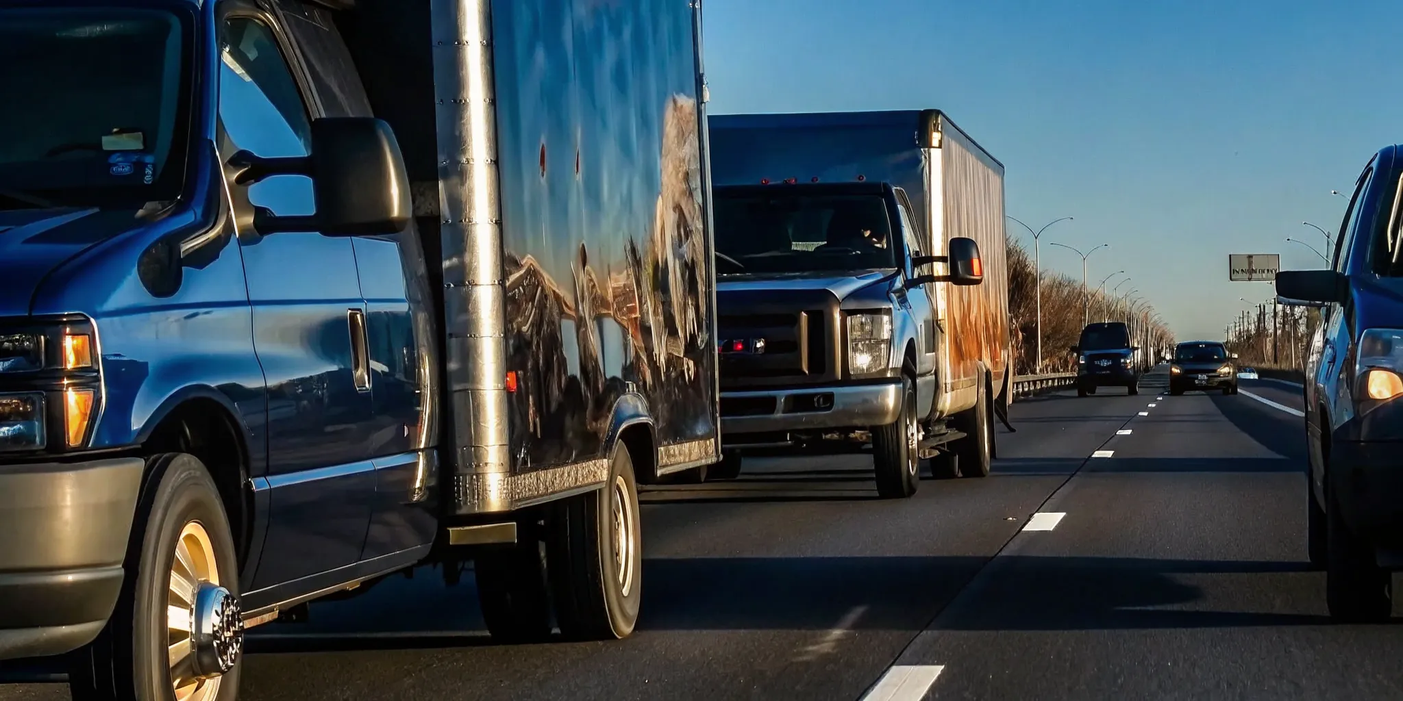 Fleet of professionally branded work trucks and vans with vehicle wraps traveling on a Long Island highway