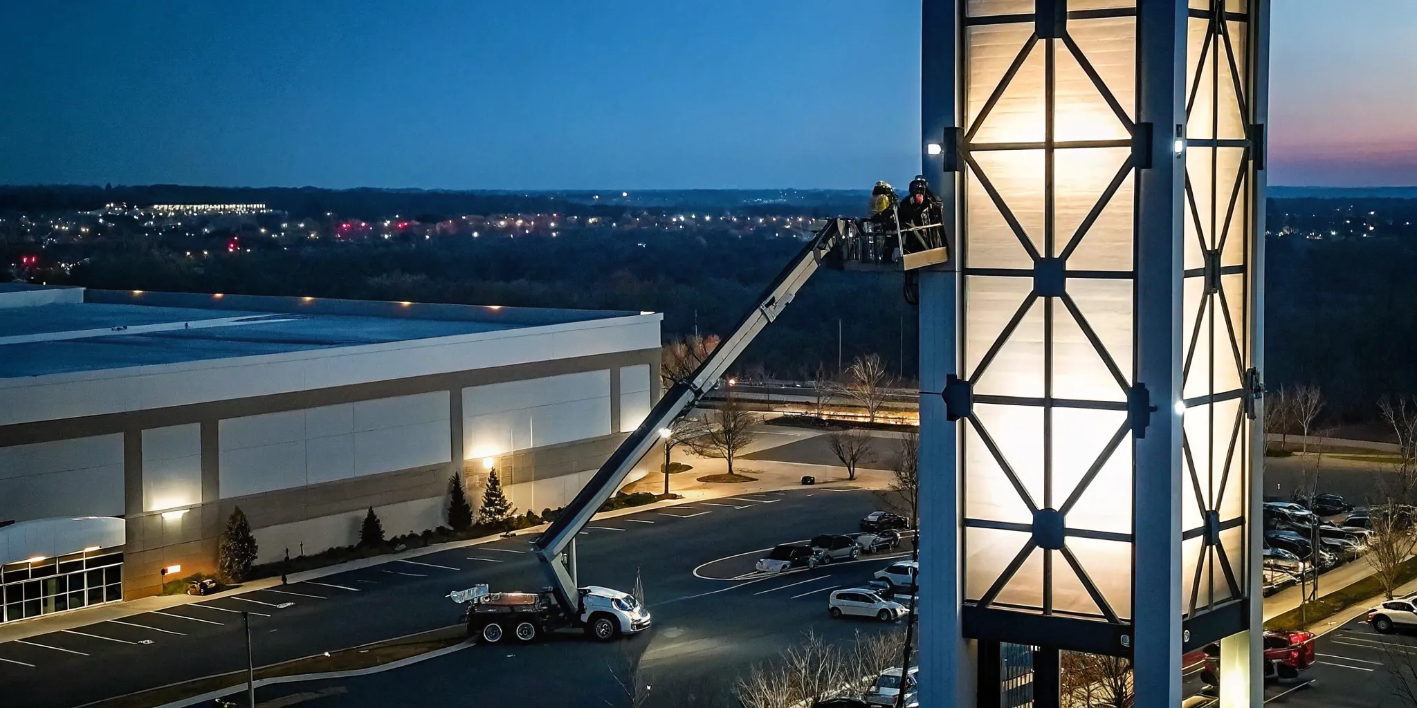 Crew servicing a tall pylon sign with a bucket truck