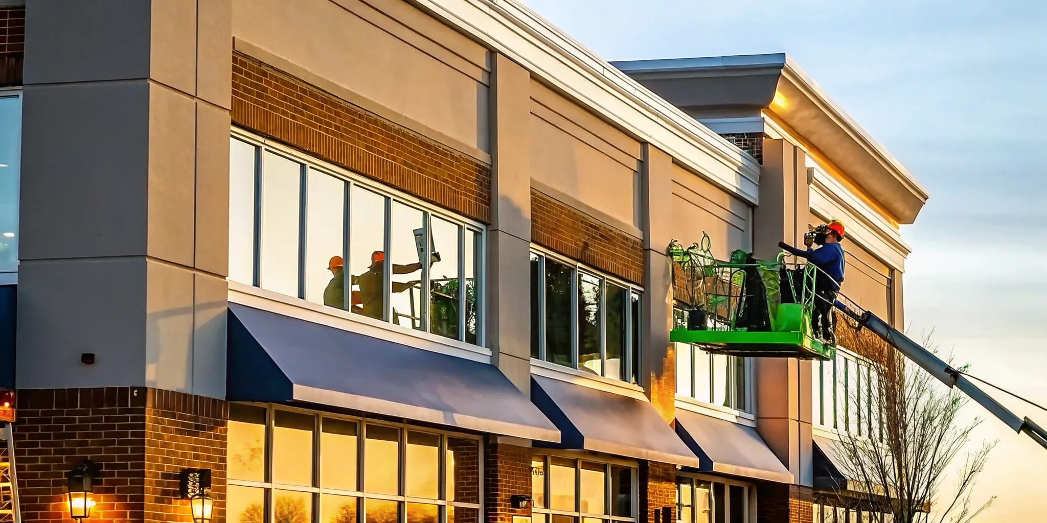 Sign installation crew using a bucket truck to install channel letters on a Long Island commercial building